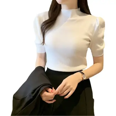 Women's Grey Half Turtleneck Puff Sleeve Knitted T-Shirt