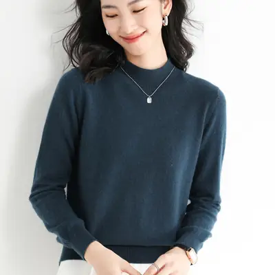 Women's Blue Korean Style Half Turtleneck Pullover Sweater