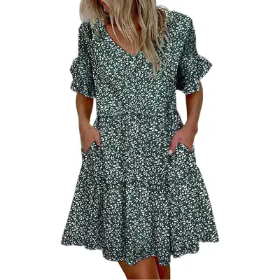 Women White Printed Ruffle Dress Summer Loose V-Neck