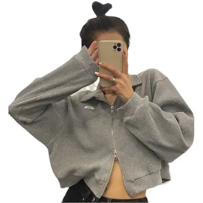 Women Waffle Jacket Grey Long Sleeve Zipper 2024