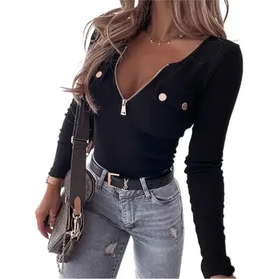 2024 Red Knitted Slim Fit Zipper Top T-Shirt