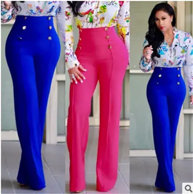 White High Waist Wide Leg Trousers with Button Front