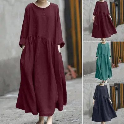 2023 Cotton Linen Long Sleeve Dress Large Swing