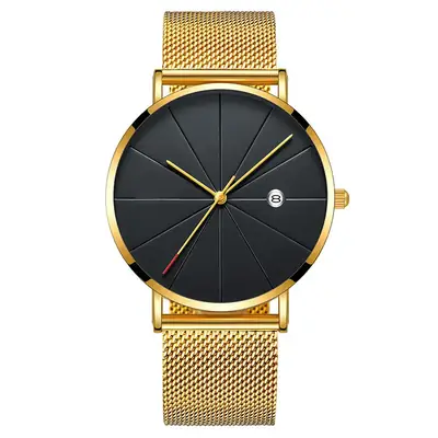 Men's Black Dial Gold Mesh Watch with Quartz Movement