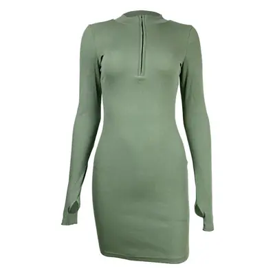 Women's Green Ribbed Slim Skirt Dress with Zipper & Long Sleeves