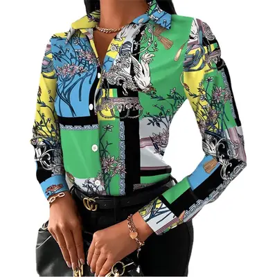 Women's Printed Long Sleeve Shirt White Black Gold