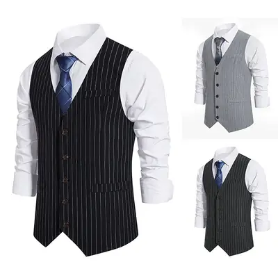 New Men's Striped Single Breasted Vest Black