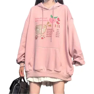 Fleece Hooded Sweatshirt Pink Cartoon Design