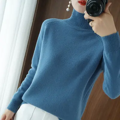 Blue Knit Turtleneck Pullover for Women