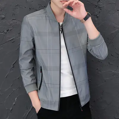 Men's Navy Blue Casual Jacket with Baseball Collar