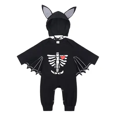 Halloween Baby Skull Print Bat Suit Black