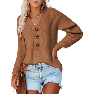 Women Knitted V Neck Sweater Brown Button Down