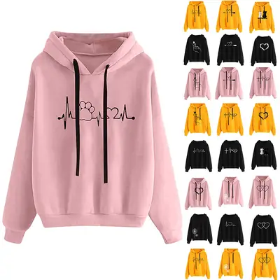 Women's Pink Heart Print Hoodie Sweatshirt