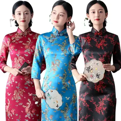 Red French Cheongsam 2021 Long Sleeve Mom Performance Dress