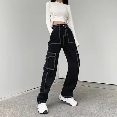 Women Black Slim Fit Wide Leg Croc Pants High Waist Loose Street Style
