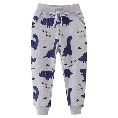 Autumn Winter Kids Cotton Terry Pants Blue Dinosaur Print Small Medium