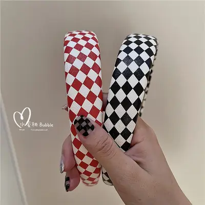 Checkerboard Rhomboid PU Leather Headband Black Red
