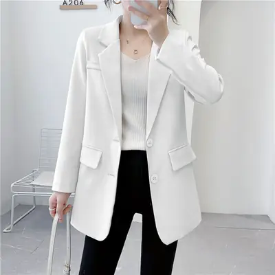 Women White Small Suit Jacket Korean Style Loose All-match