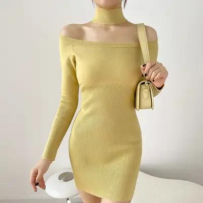 New Slimming Knitted Skirt Dress Off-Shoulder Midi