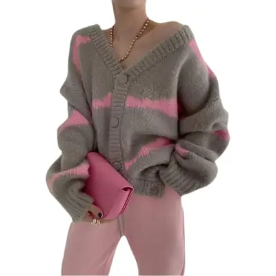 Women's Green & Beige Knit Long Sleeve Sweater