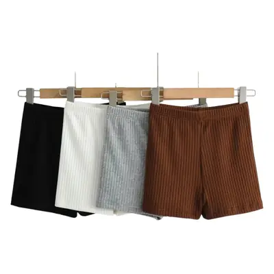 Brown Ribbed High Waist Elastic Shorts Women