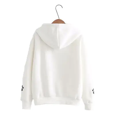 Women's White Cat Print Hoodie Long Sleeve Thick Cotton