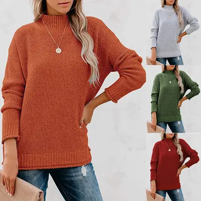 New 2023 Pullover Sweater High Neck Beige Loose Fit