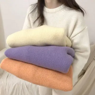 Women Loose Knitted Pullover Sweater Purple Round Neck