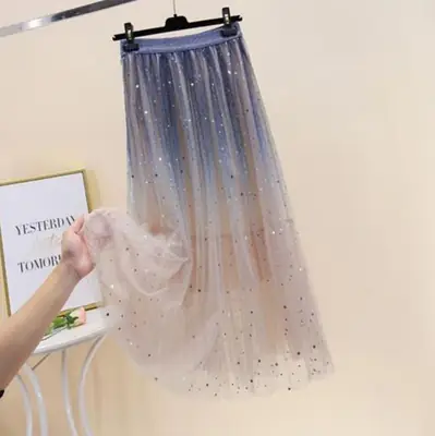 New Gradient Starry Sky Mesh Skirt Mid-Length