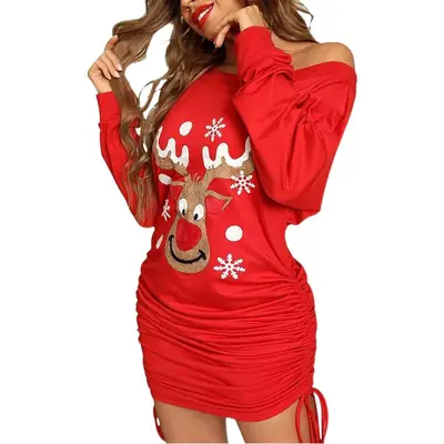 Women's 2022 Christmas Long Sleeve Red Dress with Snowflake Print