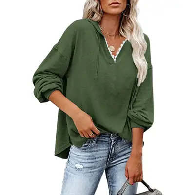Women's 2023 Grey V Neck Sweatshirt Hooded Long Sleeve