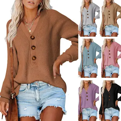 Women Knitted V Neck Button Sweater Black