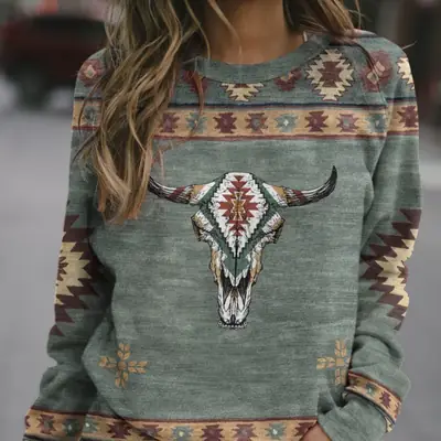 Women's 2022 Western Print Sweatshirt with Cow Head Design
