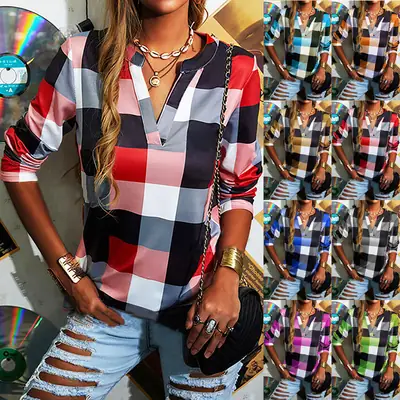 2021 Plaid V-Neck Long Sleeve Women's T-Shirt