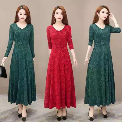 Women's Red Lace Long Sleeve Waist Slimming Dress Large Hem