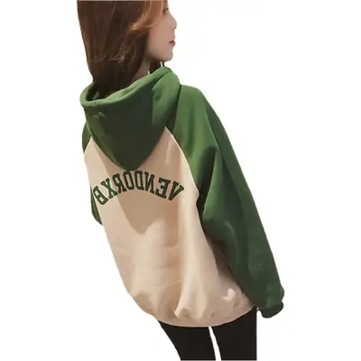 Women Velvet K-Style Hoodie Green Beige Long Sleeve