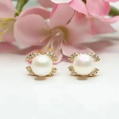 Women's Double Pearl Earrings S925 Gold Full Diamond Drop