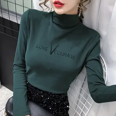 Women Velvet Half-Collar Top with Letter Embroidery Grey