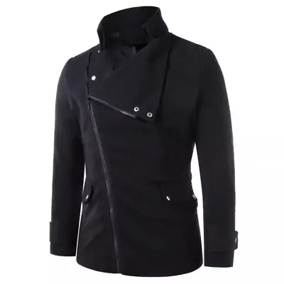 Men's Black Oblique Zipper Jacket with Card Collar