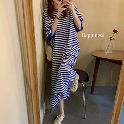 Striped Lazy Dress Long Belly Covering Slimming Dress Women 2024 New Plus Size Loose Over-the-Knee T-shirt Skirt Fashion