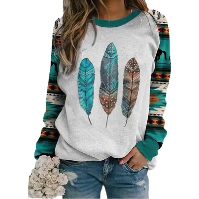 Women Long Sleeve Feather Print Sweater Grey Teal