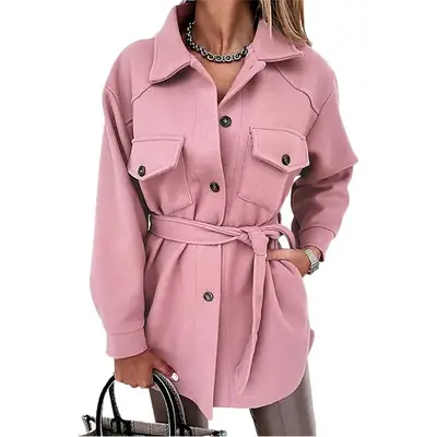 Women Woolen Lapel Jacket Brown Long Sleeve Button Up