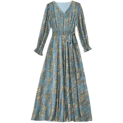2021 New Autumn Printed V Neck A-Line Skirt Dress