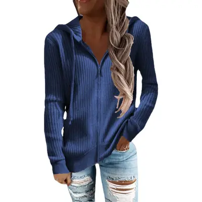 Women Long Sleeve Striped Hooded Cardigan Sweater