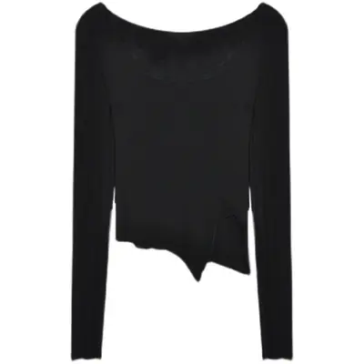 Women Black Long Sleeve Crop Top with Belt