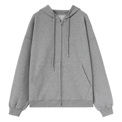 Grey Thin Zipper Sweatshirt Women's Spring Autumn Korean Style Loose Hooded Top Large