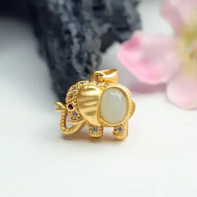 Guan Yu Jade Elephant Pendant Jewelry Gold White Jade Lucky Design