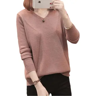 Women's V Neck Knit Pullover Long Sleeve Winter Top