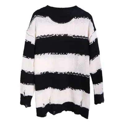 Women's New Lazy Striped Crewneck Sweater Black White