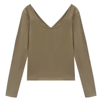 Women Backless Long Sleeve T-Shirt Brown U-Neck
